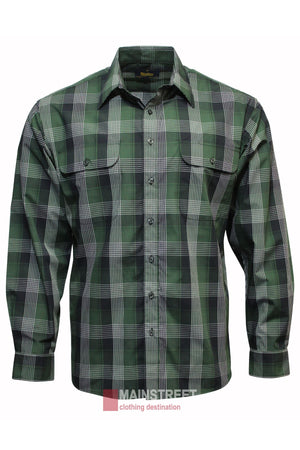 The Bisley Countryman Shirt features a green, black, and white plaid pattern with buttoned chest pockets and a collar, shown on a white background.