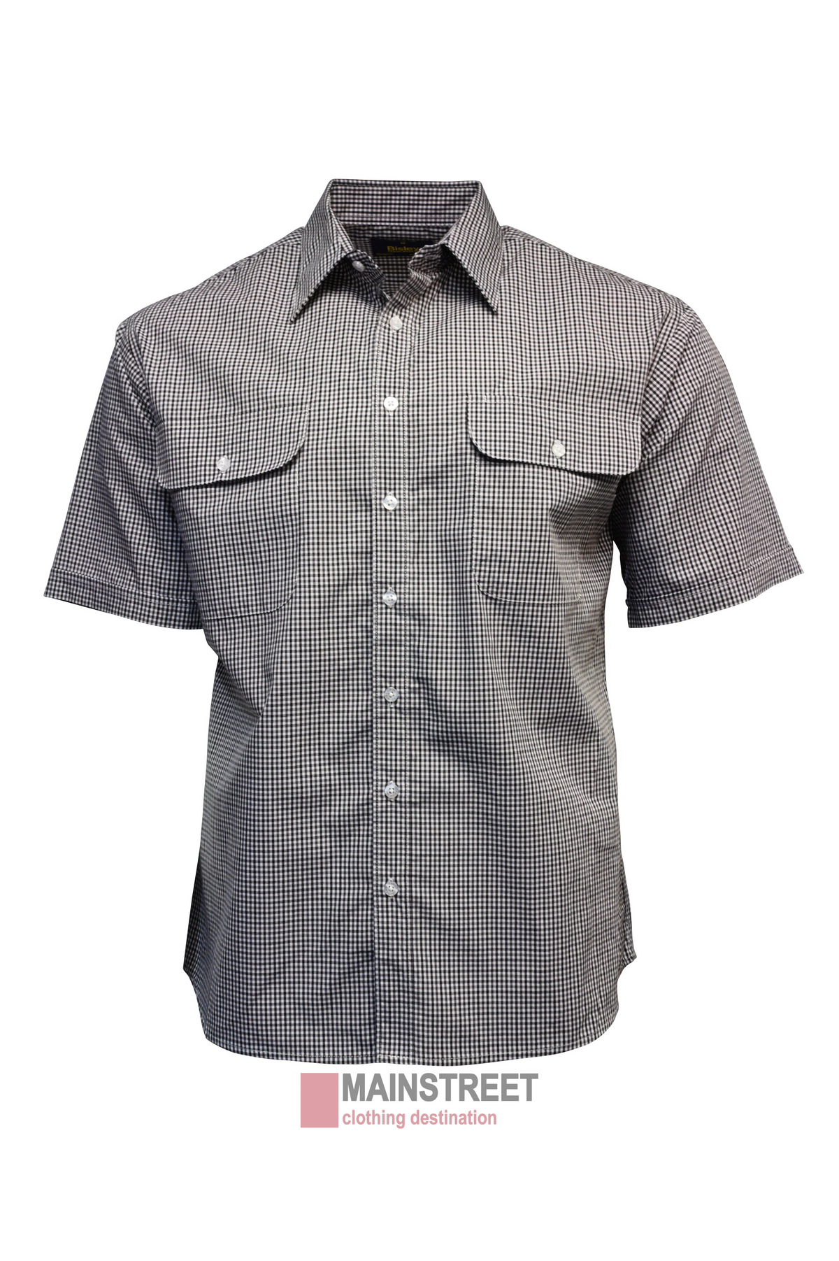 The Bisley Countryman Short Sleeve Shirt features a black and white checkered design, two front chest pockets, and a comfy polyester/cotton blend. Shown on a plain white background with the "MAINSTREET clothing destination" logo below.