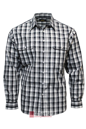 The Bisley Countryman Shirt offers a classic checkered design in black, white, and gray, with long sleeves, a collar, and two chest pockets with buttoned flaps for both style and practicality.