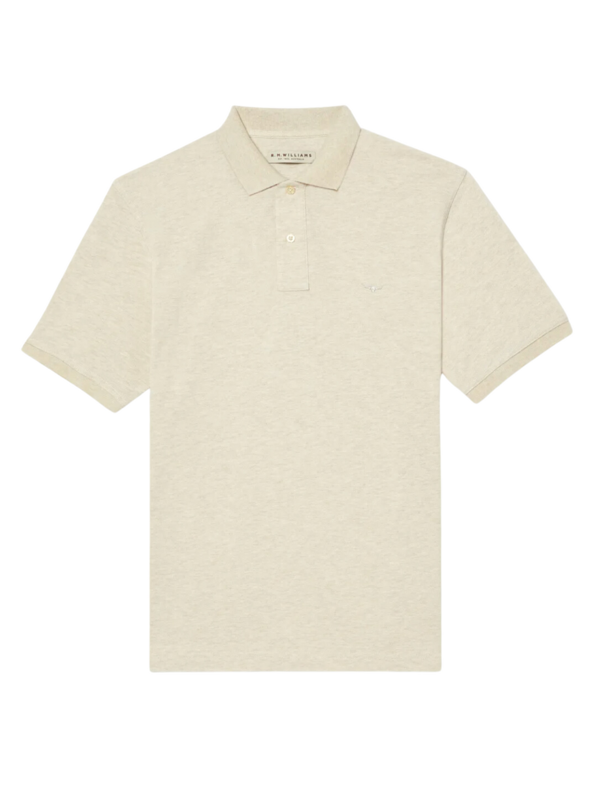 The RM Williams Rod Polo is a beige short-sleeve shirt with a classic collar, three-button placket, and subtle longhorn embroidery on the left chest. Made from breathable cotton pique for all-day comfort.