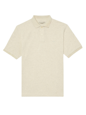 The RM Williams Rod Polo is a beige short-sleeve shirt with a classic collar, three-button placket, and subtle longhorn embroidery on the left chest. Made from breathable cotton pique for all-day comfort.
