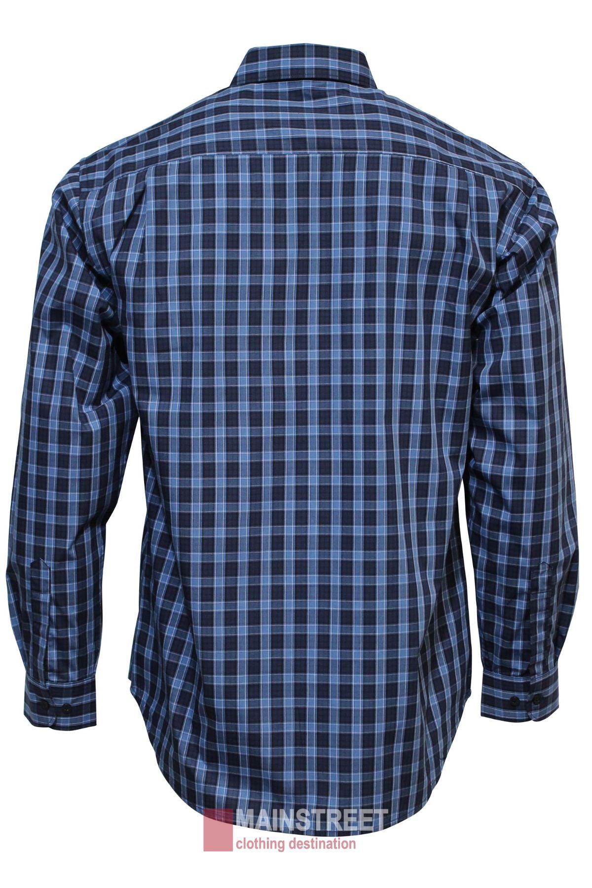 The Bisley Countryman Shirt is displayed from the back against a white background, showcasing its blue and black plaid, long sleeves with cuffs, a collar, and classic buttoned chest pockets.