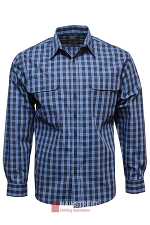 The Bisley Countryman Shirt is a men's long-sleeve, button-up shirt with a blue and black plaid pattern, chest pockets with flaps, and a classic collar, shown on a white background.