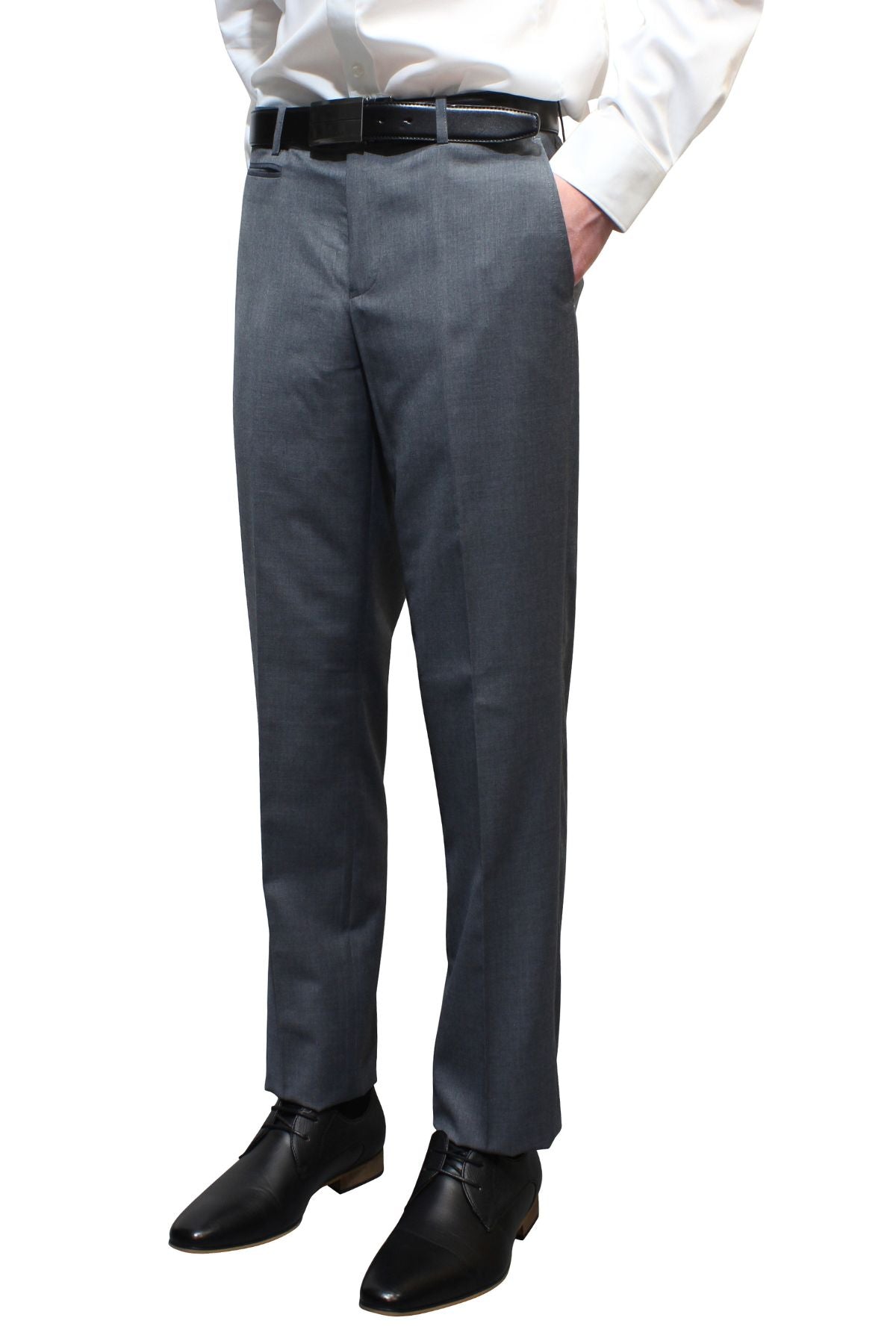 A person in Bruton Jesse Trouser exudes a classic look with gray dress pants, a white shirt, a black belt, and black shoes against a plain white backdrop.