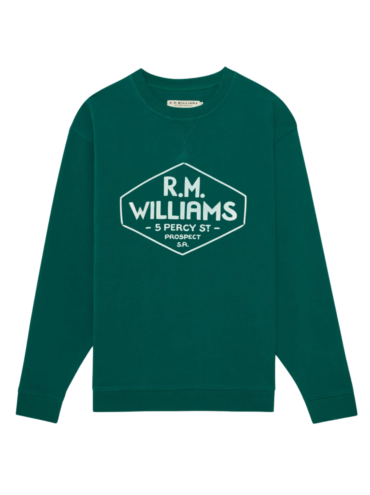 The RM Williams Gladstone Crew Neck is a relaxed fit green cotton fleece sweatshirt with a white "5 Percy St Prospect SA" graphic inside a hexagon on the front.