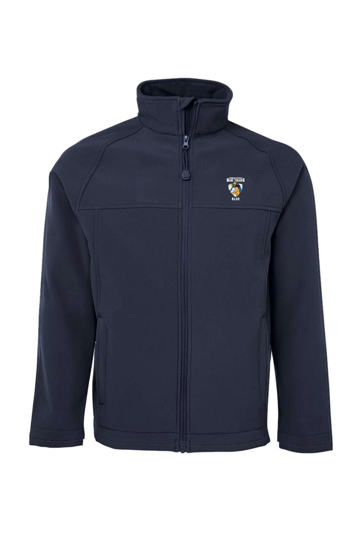 A Bombala Blue Heelers Soft Shell Jacket with long sleeves, a stand-up collar, and a small embroidered "Bombala Blue Heelers" logo on the left chest is now available for pre-order.