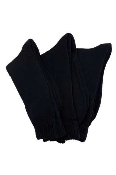 A stack of folded Bamboo 3 Yarn 3 Pack Work Socks in plain black with ribbed cuffs, laid on a white background.