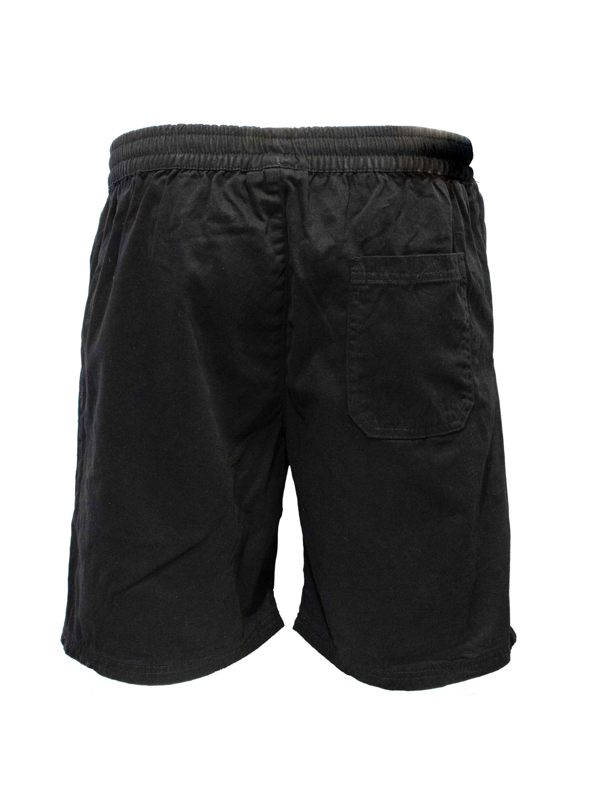 Pilgrim Twill Rugger Short in black features an elastic waistband and a single back pocket, shown on a plain white background. These comfortable shorts are ideal for casual wear.