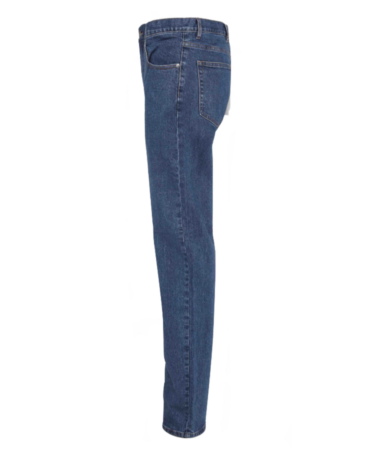 Side view of Workland Stretch Jeans in blue denim on a white background. Featuring a classic straight-leg cut, visible pockets, and stitching, these jeans offer a mid-rise, super stretch fit for ultimate comfort and style.