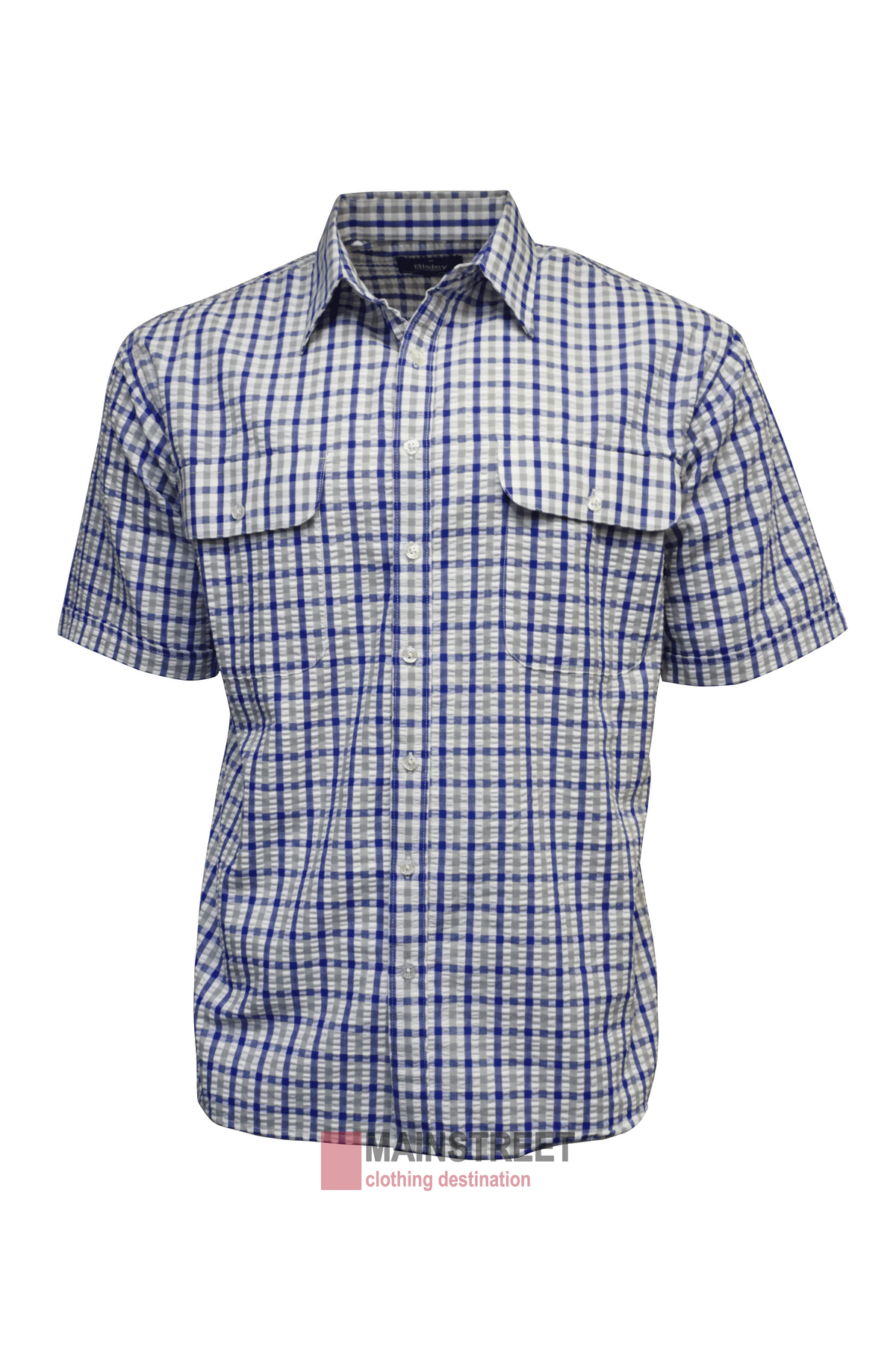 The Bisley Countryman Seersucker Short Sleeve Shirt is a blue and white checkered, button-up shirt made from a comfortable polyester/cotton blend, featuring two front chest pockets with flaps.
