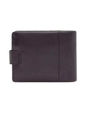 A dark brown RM Williams Wallet with Coin Pocket and Tab made from Yearling leather is shown closed. It features clean stitching around the edges and a small tab on the left side for closure. The design is simple and minimalist, with no embellishments or logos visible.