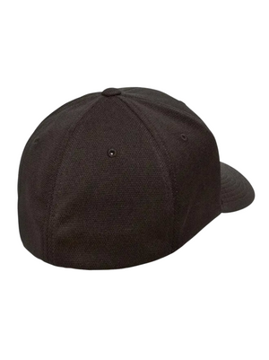 The FlexFit Cool Dry Sports Cap is shown from the back, emphasizing its fitted style and plain black design. This lightweight cap features a six-panel construction with stitched eyelets for ventilation, a slightly curved brim, and moisture-wicking textured fabric.
