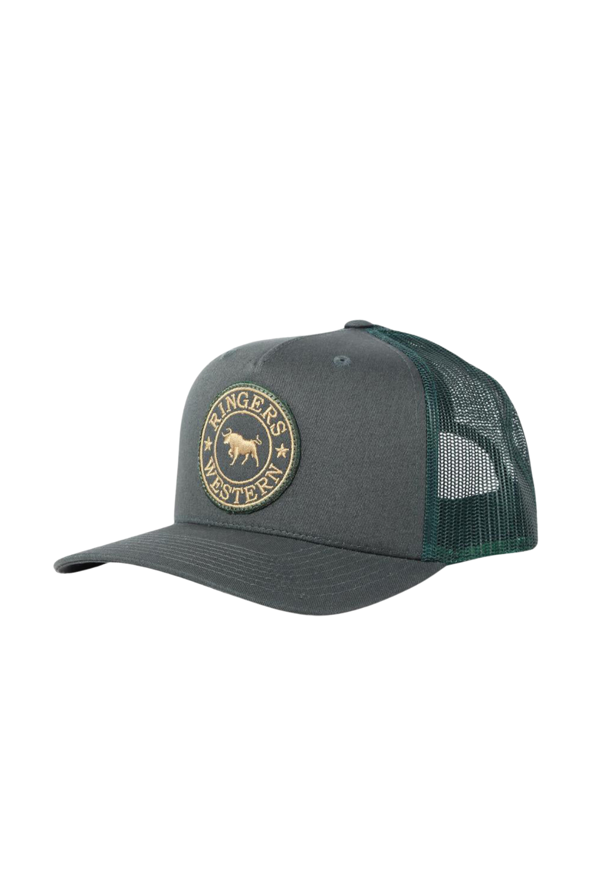 The Ringers Western Signature Bull Trucker Cap features a gray and green design with a mesh back. Its cotton twill front showcases a circular patch with text and a bull silhouette.