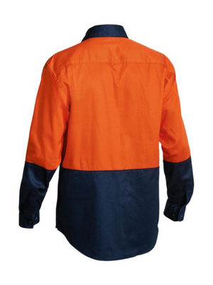 The Bisley Hi Vis Drill Shirt features a long-sleeve design with an orange top half and a navy blue bottom half and sleeves. The back view highlights a collared design and buttoned cuffs on the sleeves, ensuring comfort while also providing maximum visibility.