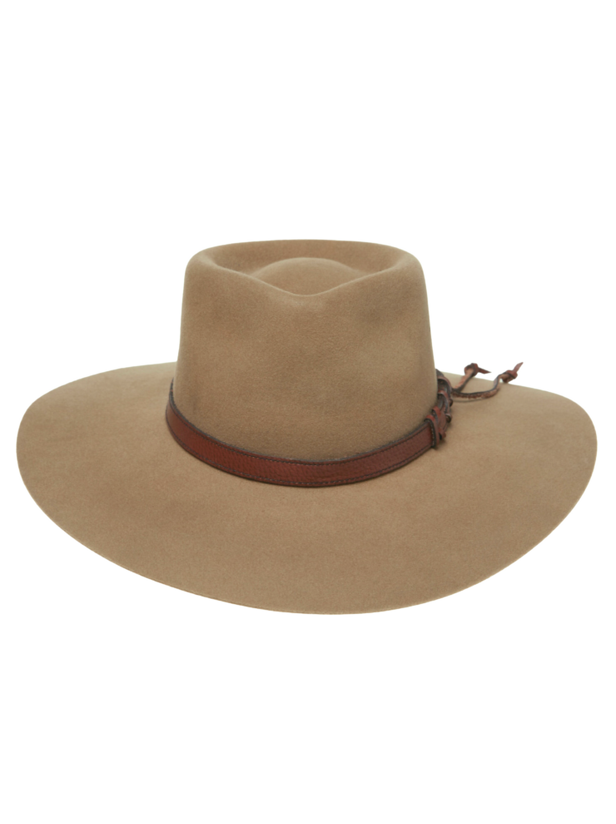 The Statesman Big Australian Fur Felt Hat is a classic wide-brimmed, light brown rabbit fur felt hat with a matching leather band, including a top crease and decorative tie, offering a stylish appearance.