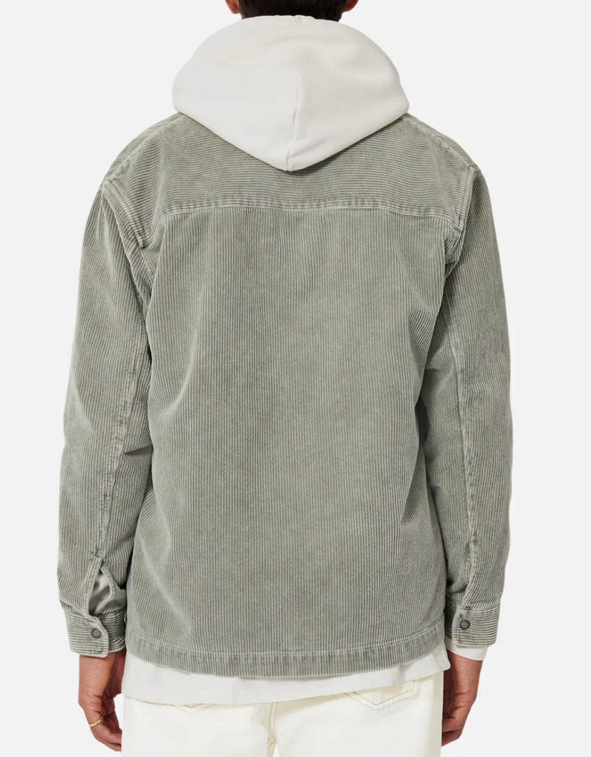 A person is seen from behind wearing the Industrie The Atmore Jacket, a stylish 100% cotton light gray corduroy piece layered over a hoodie with off-white pants, creating a relaxed, modern look.