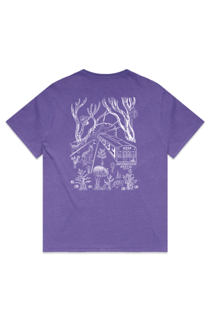 Perisher 2026 Staff T-Shirt PRE-ORDER: This purple t-shirt features a whimsical forest scene in a white line drawing on the back, with trees, mushrooms, plants, and a stilted house nestled among branches. Secure your unique staff tee now—available for pre-order!.