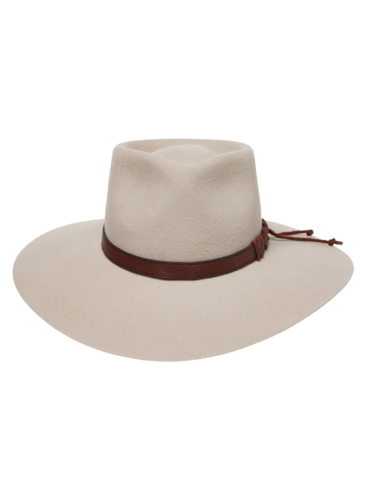 The Statesman Big Australian Fur Felt Hat in beige is made from rabbit fur felt and features a brown leather band with a decorative side knot, shown against a white background.
