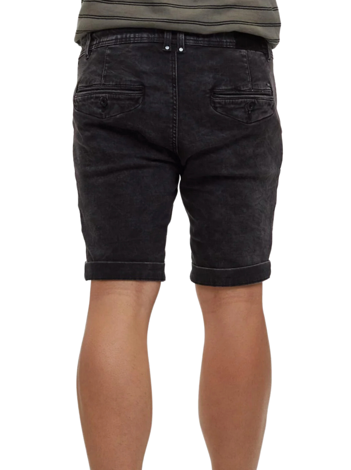 A person wearing Industrie The Drifter Denim Short in rolled-up black skinny fit, shown from the back with only the lower torso and legs visible—ideal for effortless summer style.