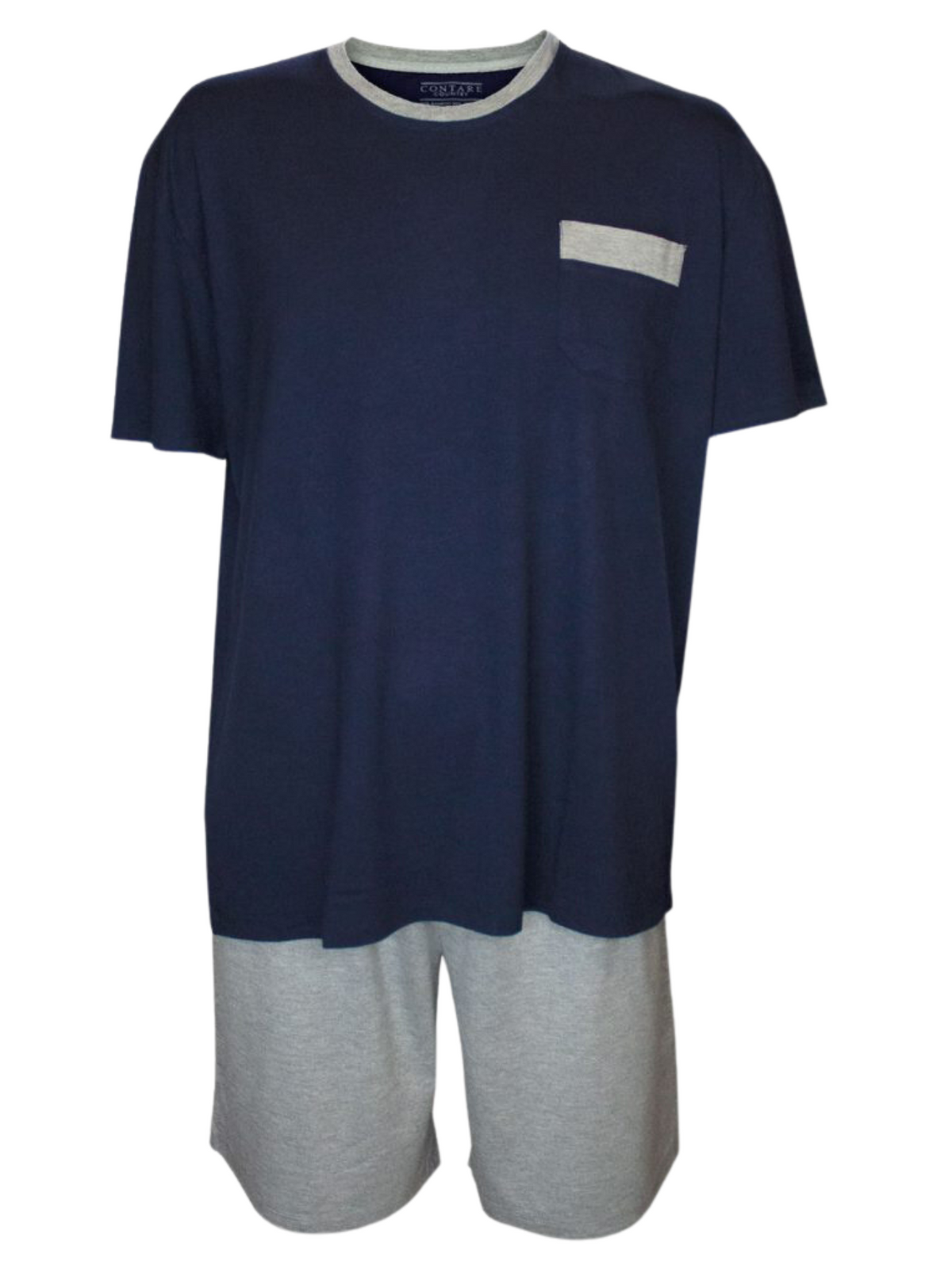 The Contare Country Bamboo Cotton Short Sleeve Set features a navy blue T-shirt with a gray collar and chest pocket, crafted from soft bamboo/cotton fabric, with light gray shorts. Ideal as a pyjama set for its comfort, it is displayed against a white background.