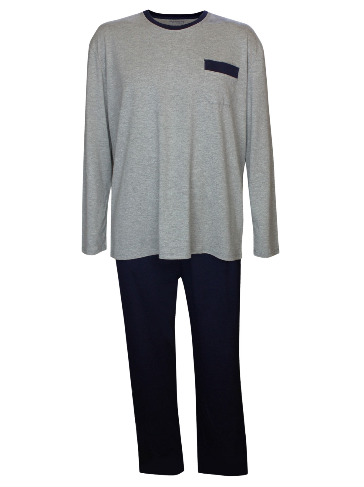 The Contare Country Bamboo Cotton Long Sleeve Set features a light gray top with a dark blue chest pocket and matching dark blue pants—moisture-wicking, odour resistant, and designed for all-night comfort.