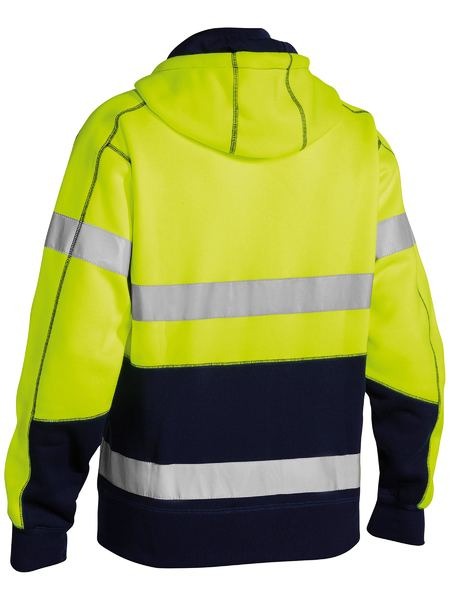The Bisley Taped Hi Vis Fleece Hoodie With Sherpa Lining features bright yellow fabric, navy panels, a hood, sherpa body lining for extra warmth, and two horizontal reflective silver stripes on the back and sleeves.