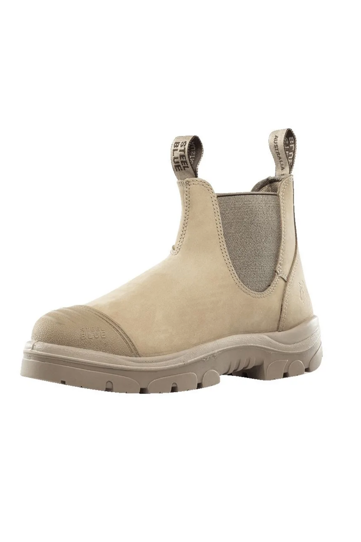 A Steel Blue Hobart Scuff Cap Elastic Sided Safety Boot features elastic side panels, a 200J steel toe cap, and convenient pull tabs on the front and back for easy wearing. The thick, rugged sole is designed for durability and comfort, complemented by an Ortho Rebound® Footbed. Branding is sewn onto the pull tabs.