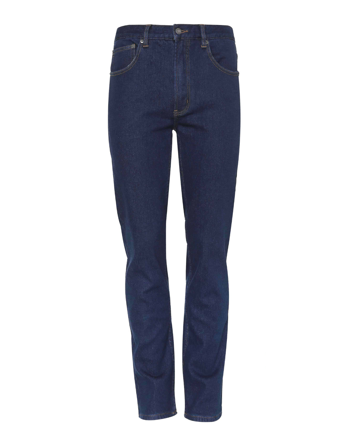 A pair of Workland Stretch Jeans in a dark stonewash, featuring straight legs, a button and zipper fly, front and back pockets, and yellow stitching details. The super stretch fit ensures comfort all day. These jeans are displayed against a plain white background.
