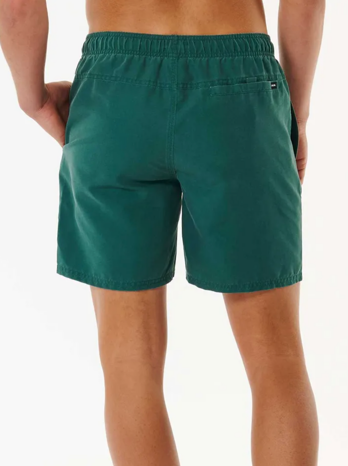 Rear view of a person wearing Rip Curl Bondi Volley shorts in green, featuring a back pocket and elastic waistband, ideal for a relaxed beach outing. The scene is set against a plain white backdrop, focusing on the waist-down perspective.