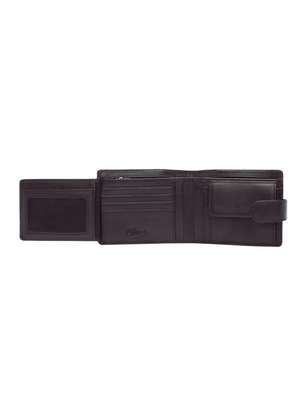 The RM Williams Wallet with Coin Pocket and Tab is an open black bi-fold wallet crafted from Yearling leather. It features multiple card slots, an ID window, a coin compartment, and a snap closure. The interior includes a secure zippered section and stitching details, enhanced by a sleek Nickel Longhorn embellishment. This wallet offers ample storage for essentials while maintaining a classic design.