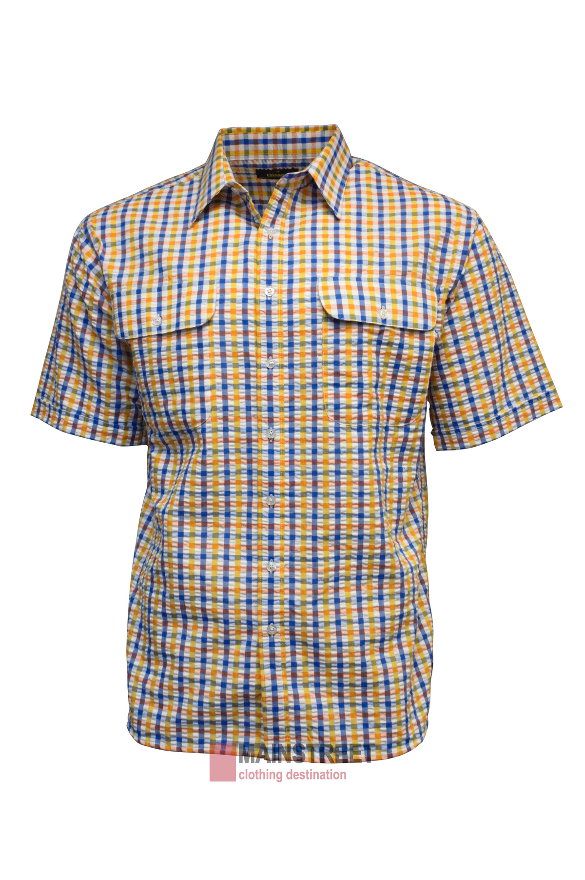 The Bisley Countryman Seersucker Short Sleeve Shirt features a button-up design, two chest pockets, and a collar, made from a comfy polyester/cotton blend with a yellow, blue, and white checkered pattern.
