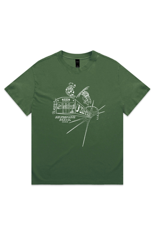 The Perisher 2026 Staff T-Shirt features a green base with a white line drawing of a tram, people riding on top, and a hand holding chopsticks. Japanese characters are also part of the unique and stylish design. The Perisher 2026 Staff T-Shirt PRE-ORDER is available now.