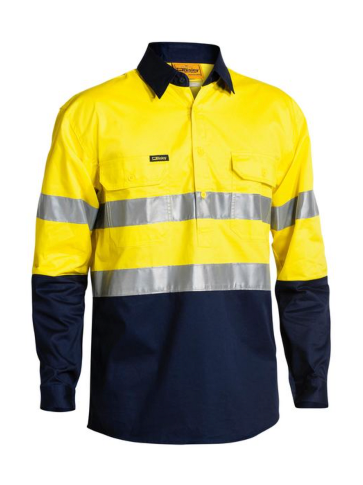 The Bisley Taped Hi Vis Closed Front Cool Lightweight Shirt features a yellow top, navy blue bottom, and silver reflective stripes across the chest and arms for visibility.