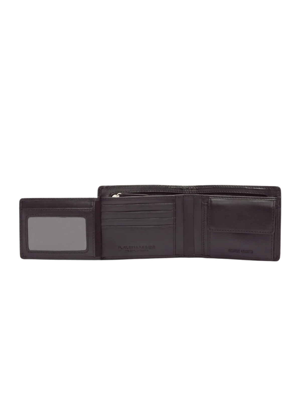 The RM Williams Wallet with Coin Pocket is open, revealing card slots, a transparent ID window, coin pocket, and zippered compartment. The interior is organized and displays the R.M.Williams Script logo.