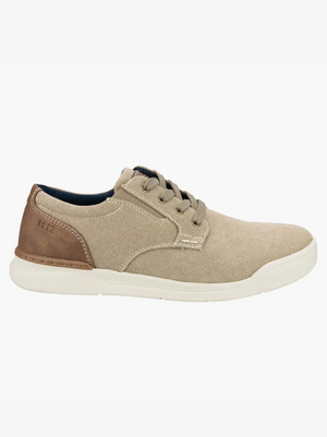The Florsheim Kore Tour Canvas Lace Sneaker provides all-day comfort with a lightweight beige canvas design, brown accents, and a white sole. It features precise brown stitching, five eyelets for laces, and a unique heel patch with "1972" elegantly inscribed.