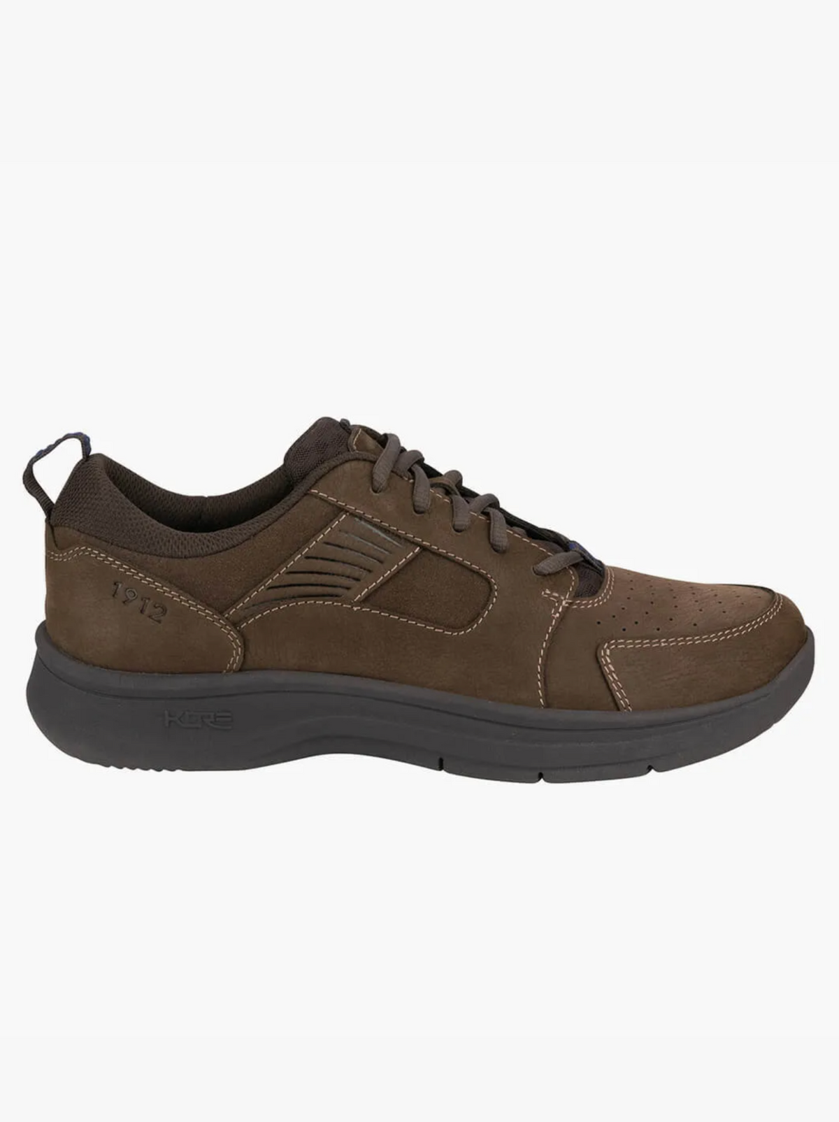 The Florsheim Mac Mocc Ox Lace is a brown low-top athletic shoe with a lace-up closure, leather upper, and black cushioned sole featuring KORE technology. Its decorative stitching, perforations, and Smartscent footbed enhance comfort and design.