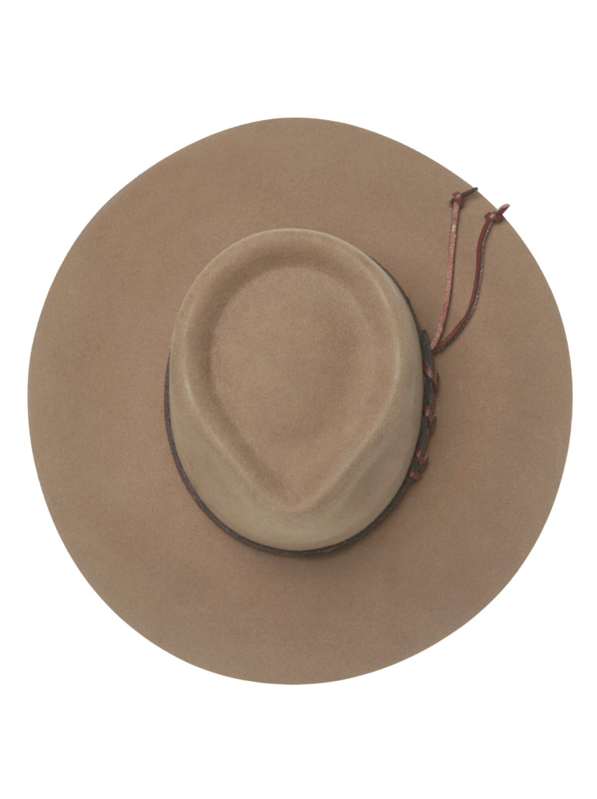 A top view of the Statesman Big Australian Fur Felt Hat in light brown showcases its wide brim and rounded crown, featuring a leather band detail on the side for rustic charm.