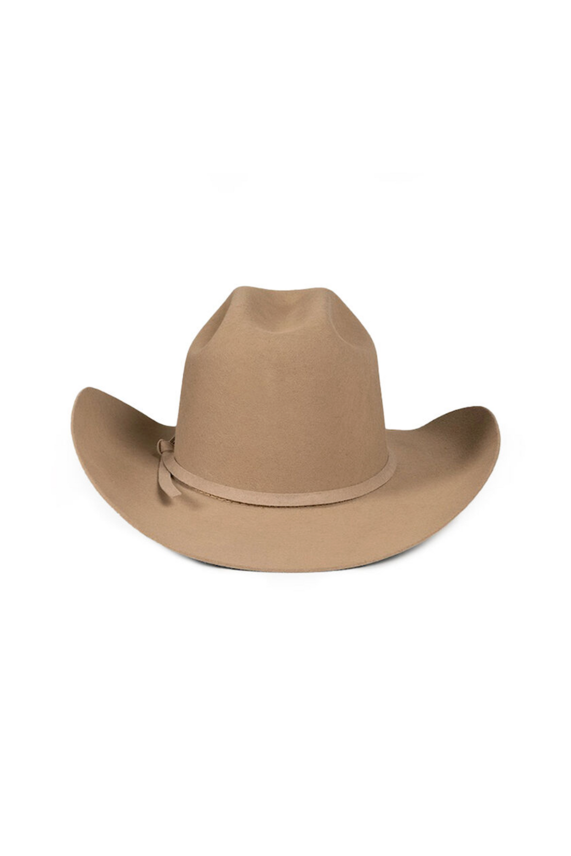 The Ringers Western Drafter Wool Hat is a tan cowboy hat with a wide brim and a pinched crown, featuring a simple hatband and crafted from 100% wool felt. Displayed against a plain white background, this timeless piece epitomizes the Ringers Western style.