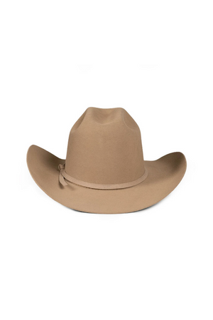 The Ringers Western Drafter Wool Hat is a tan cowboy hat with a wide brim and a pinched crown, featuring a simple hatband and crafted from 100% wool felt. Displayed against a plain white background, this timeless piece epitomizes the Ringers Western style.