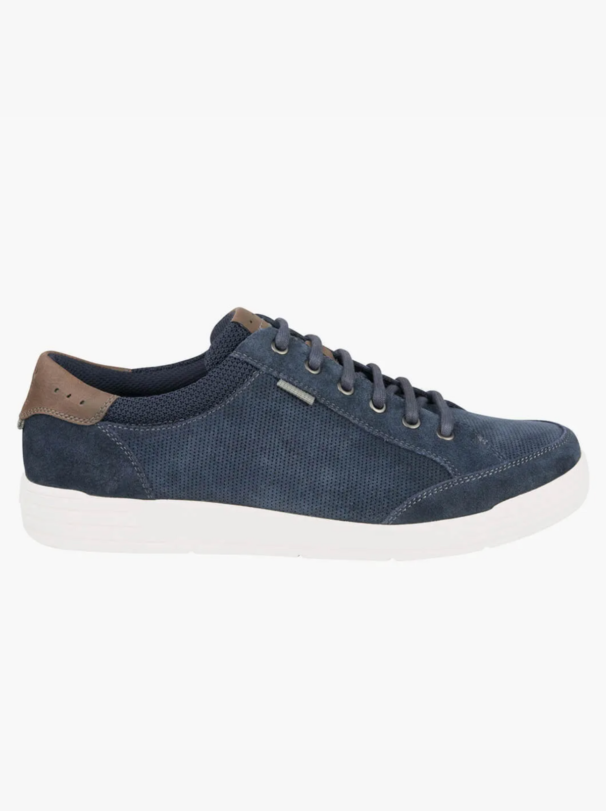The Florsheim City Walk Lace Sneaker in navy has brown accents on the heel and tongue, a textured fabric upper, dark blue laces, white rubber sole, and features Kore Technology plus a Comfort Gel heel pod for added comfort.