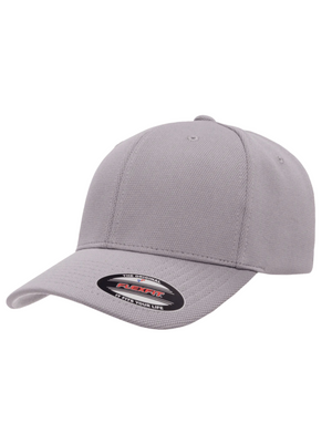 The FlexFit Cool Dry Sports Cap is lightweight with a plain gray design and a curved brim. It features moisture-wicking textured fabric and includes a small round black sticker on the front-left side, offering comfort and style for active days.