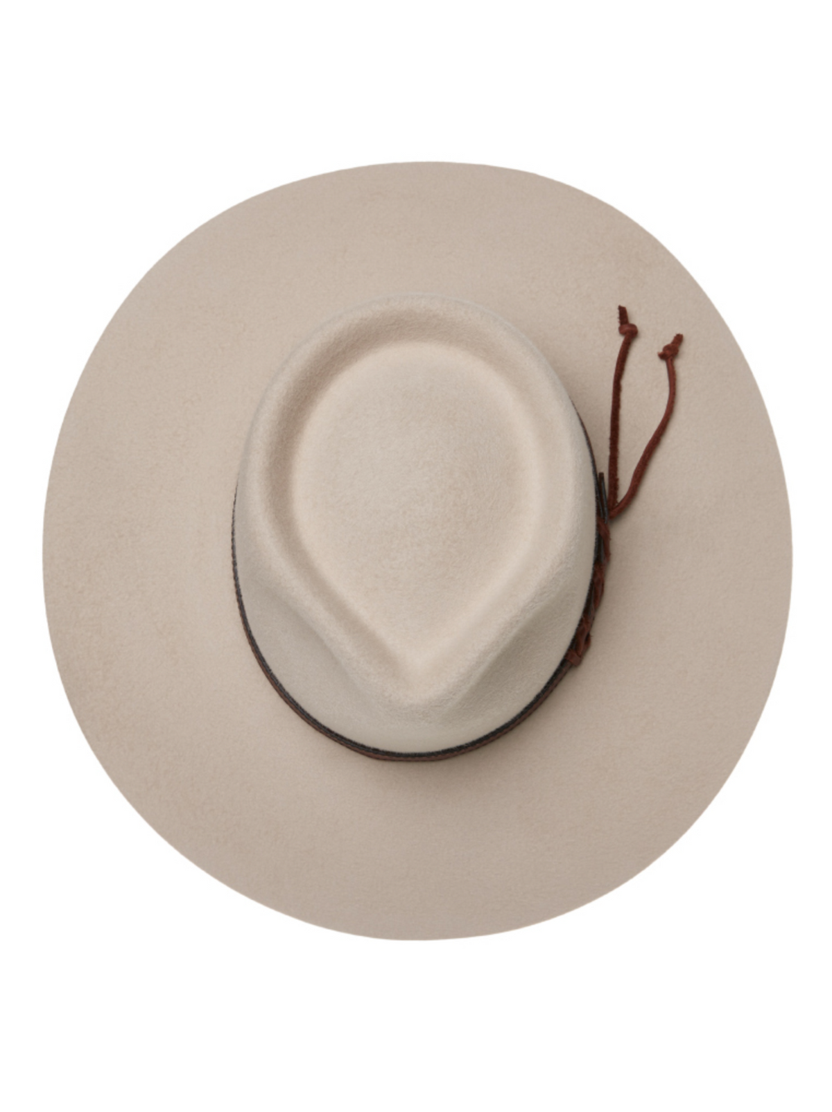 The Statesman Big Australian Fur Felt Hat is a wide-brimmed beige rabbit fur felt hat with a teardrop crown, viewed from above, and finished with a brown leather band featuring a decorative tie on the side.