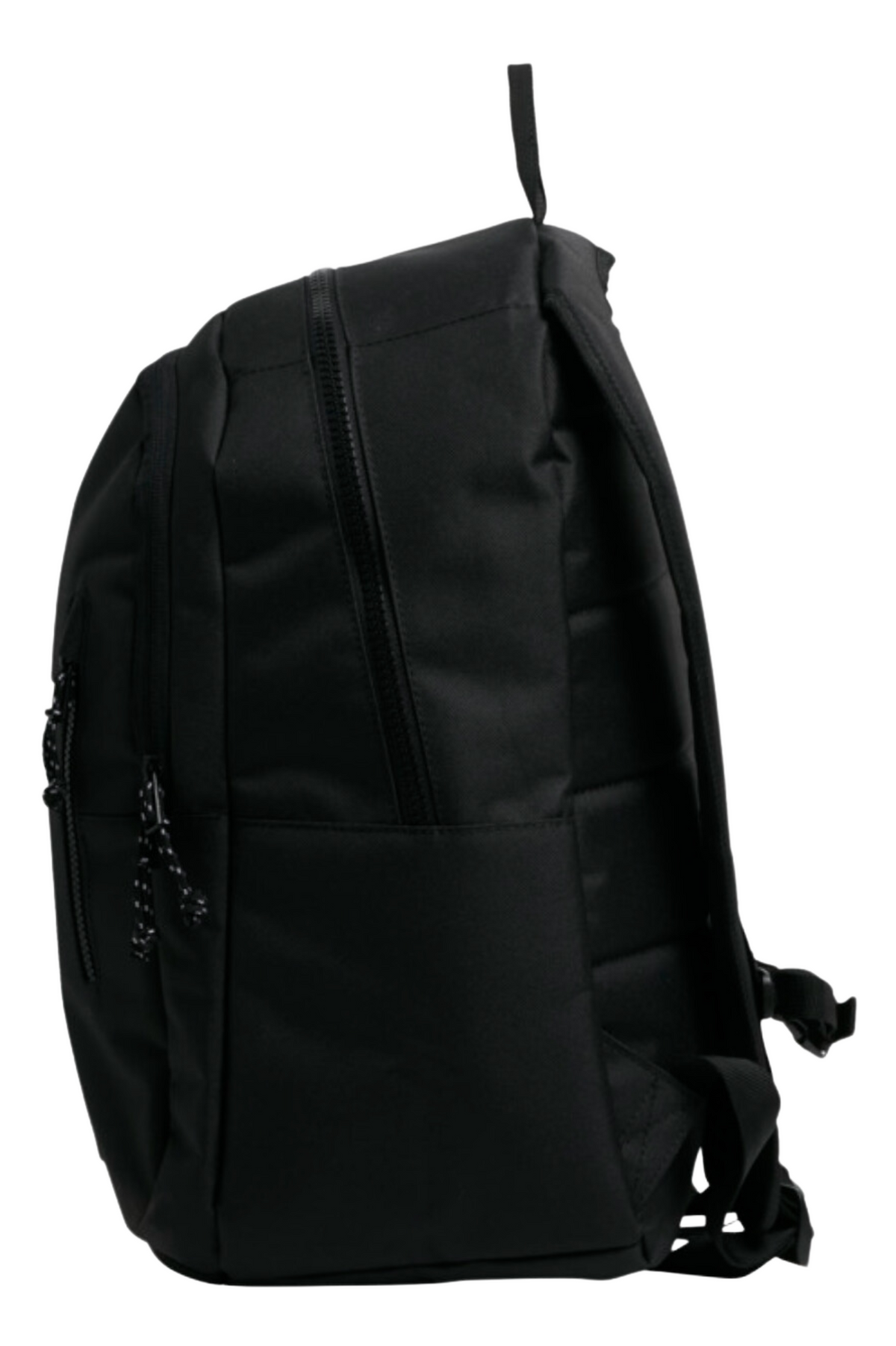 Here’s a side view of the Billabong Norfolk Backpack in black, showcasing its multiple compartments and zippers. Constructed from recycled polyester, the bag boasts padded shoulder straps, a top handle, and convenient side pockets. The overall design is sleek and functional.