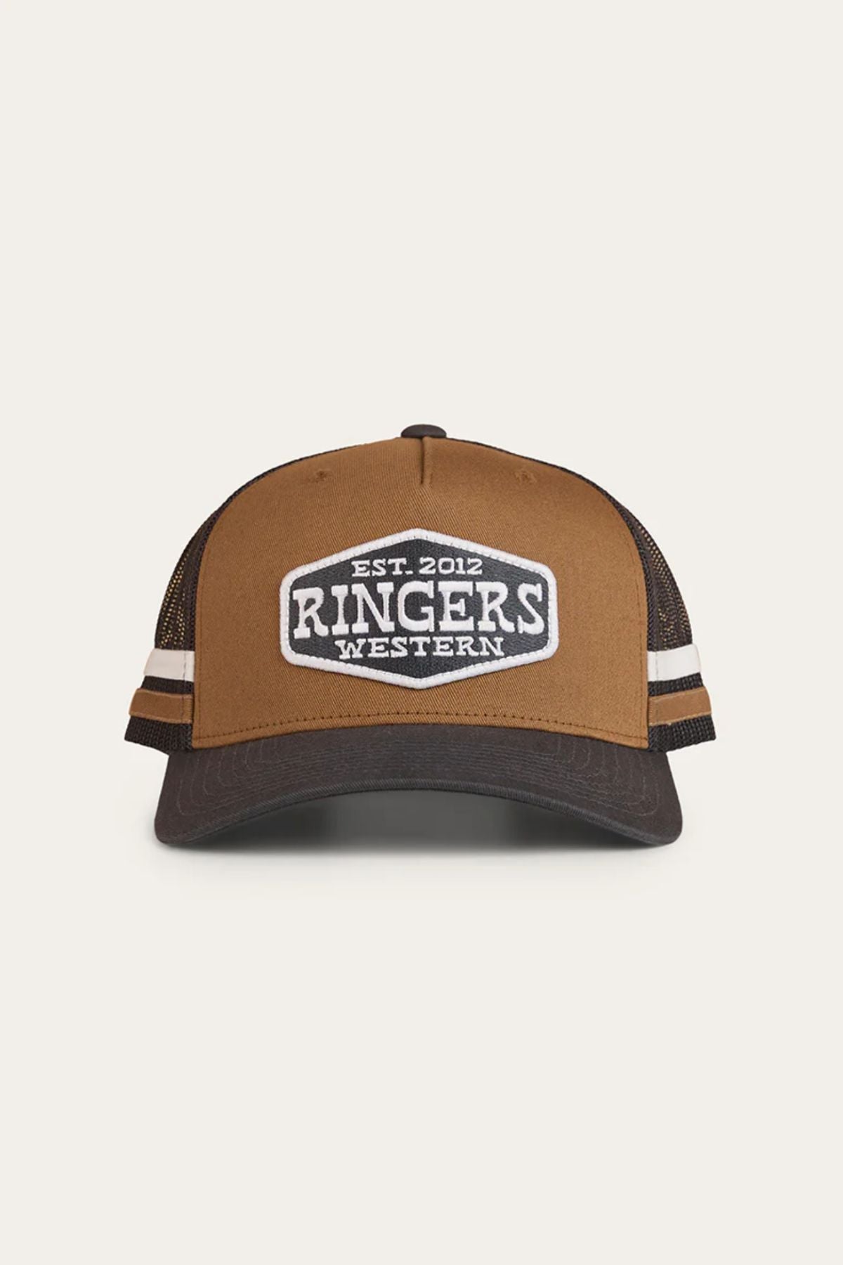 The Ringers Western Banks Trucker Cap features a brown and black design, mesh back, white side stripes, adjustable snapback, and a front patch reading "EST. 2012 RINGERS WESTERN.