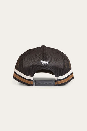 The Ringers Western Banks Trucker Cap in black mesh is shown from the back, displaying brown and white stripes above an adjustable snapback and a small white embroidered cow on the rear panel.