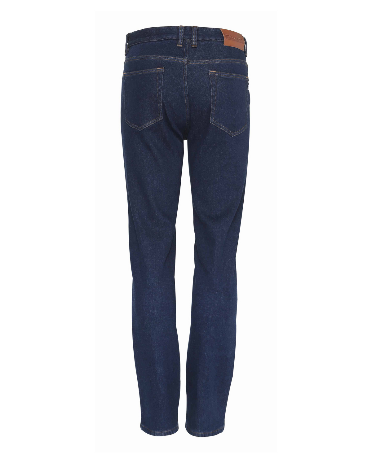 Back view of the Workland Stretch Jeans in dark blue, mid rise, with a super stretch fit, two back pockets, and a brown leather waistband patch, displayed against a white background.