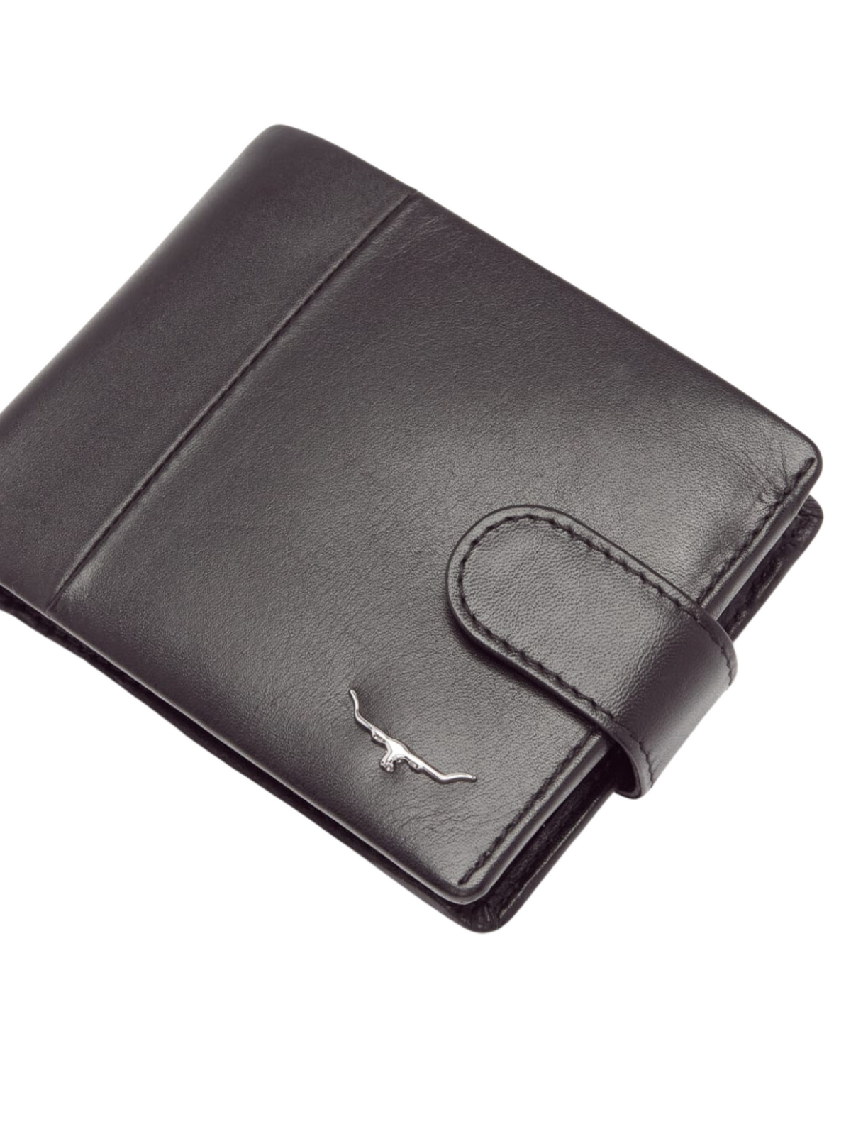 Introducing the RM Williams Wallet with Coin Pocket and Tab, a sleek, minimalist bi-fold wallet crafted from Yearling leather. It features a striking nickel Longhorn embellishment on the front and a snap button closure. Ideal for daily use, this black leather wallet adds a touch of elegance to your essentials.