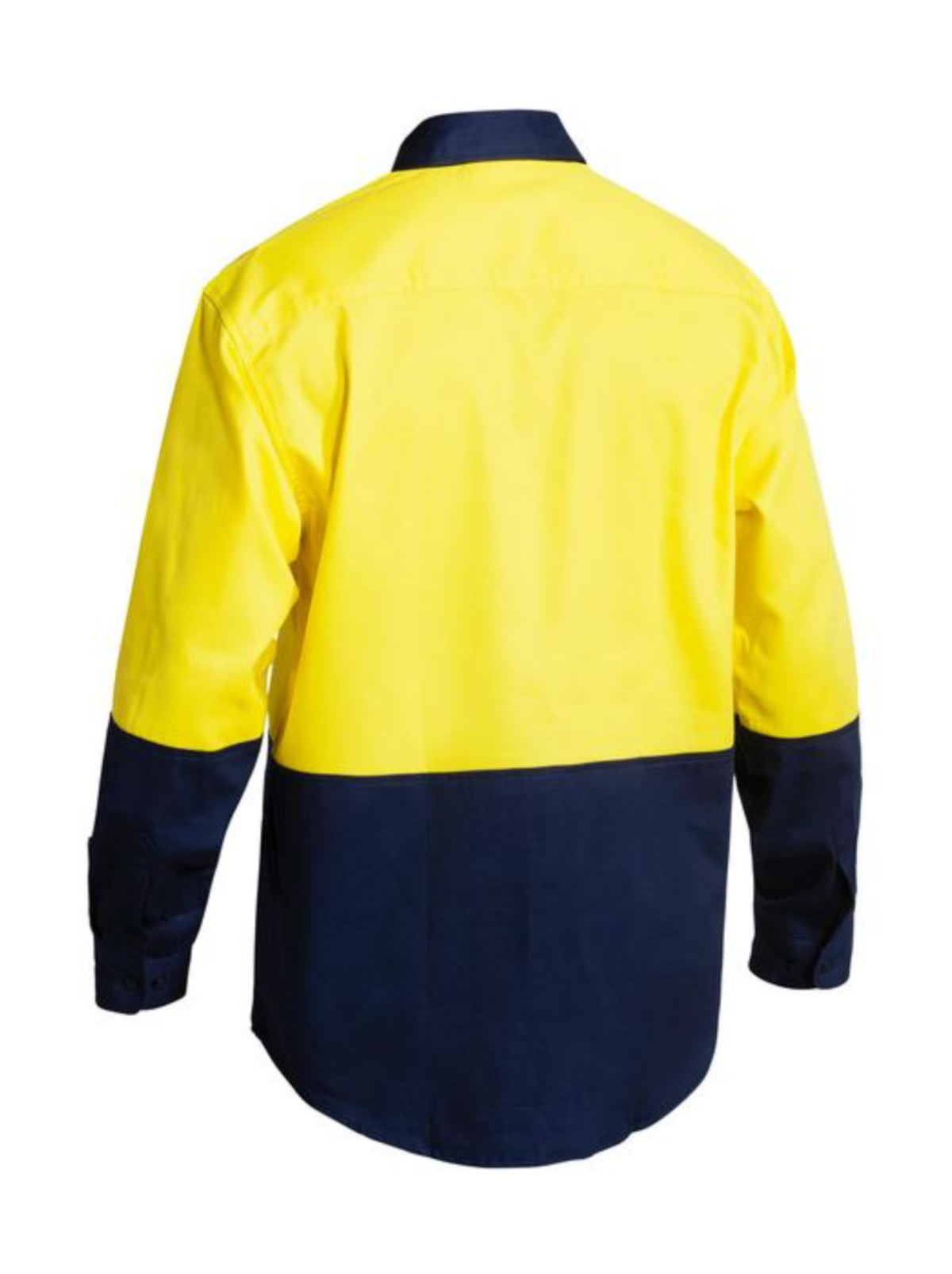 Rear view of the Bisley Hi Vis Drill Shirt, featuring long sleeves with a bright yellow upper half and dark blue lower half. It includes a collar and cuffs for comfortable workwear, providing maximum visibility in safety-focused environments.