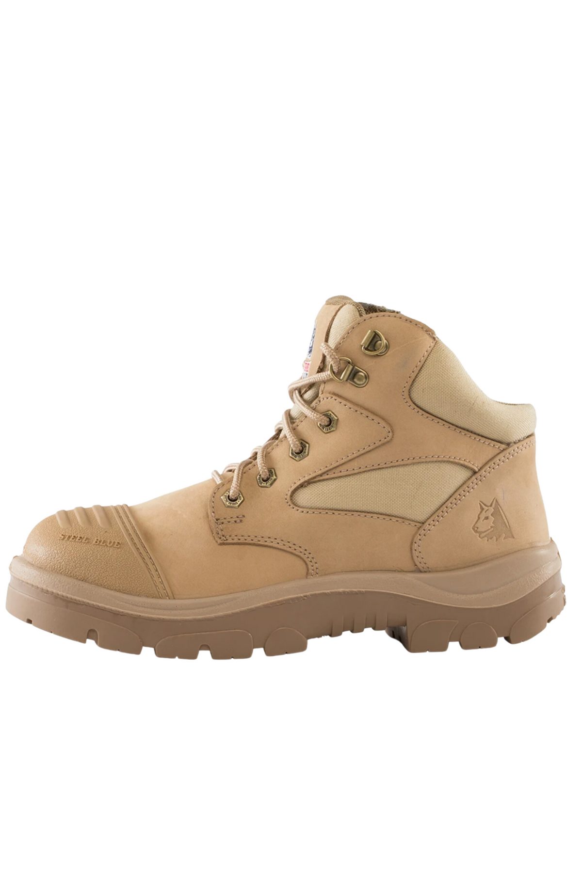 The Steel Blue Parkes Zip Scuff Cap Boot is a light brown, mid-cut option with tan accents, sturdy laces, metal eyelets, and a rugged, slip-resistant heat-resistant outsole. This boot features safety steel toe caps and a small embossed wolf logo near the heel. It is designed for durability and heavy-duty performance.