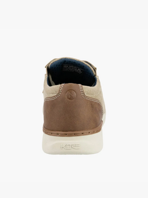Rear view of the Florsheim Kore Tour Canvas Lace Sneaker in brown, featuring a stitched design on the heel and subtle branding. The shoe blends classic style with modern elegance, promising all-day comfort with its lightweight yet sturdy construction.